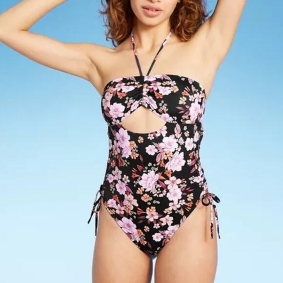 Shade & Shore Floral Keyhole Bandeau One Piece Swimsuit NEW Women's Medium - Picture 1 of 13